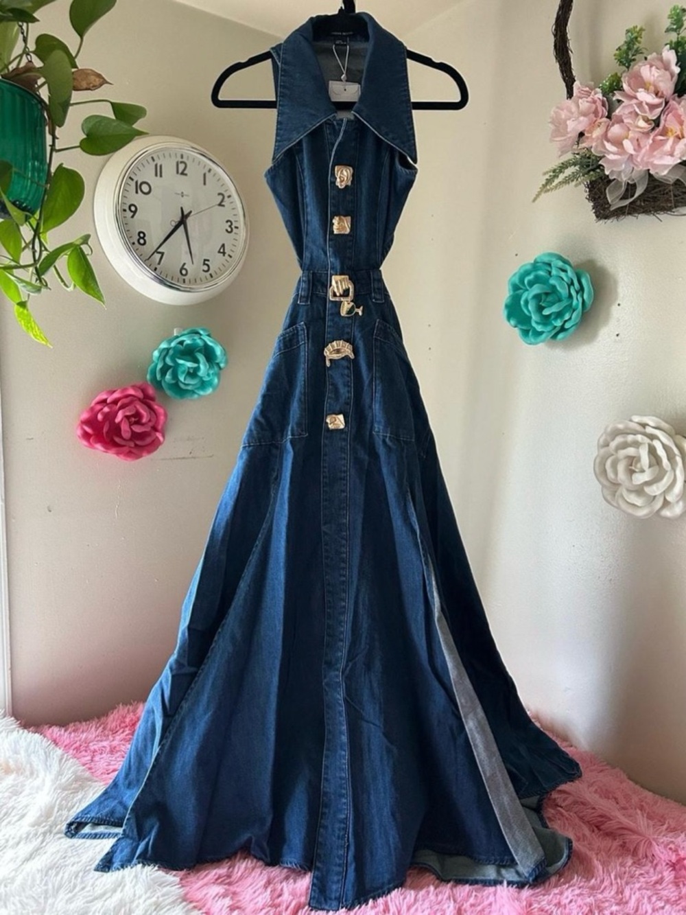 Urban Revivo Denim Cut-Out Maxi Dress  Gold Button Detail | US 14 (XXXL) |